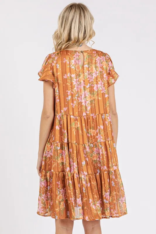 Mittoshop Flower Print Round Neck Flutter Sleeve Tiered Dress - Brittney MADE