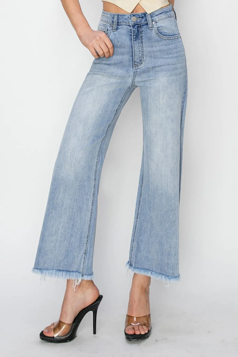 RISEN High Rise Crop Wide Fray Hem Jeans - Brittney MADE