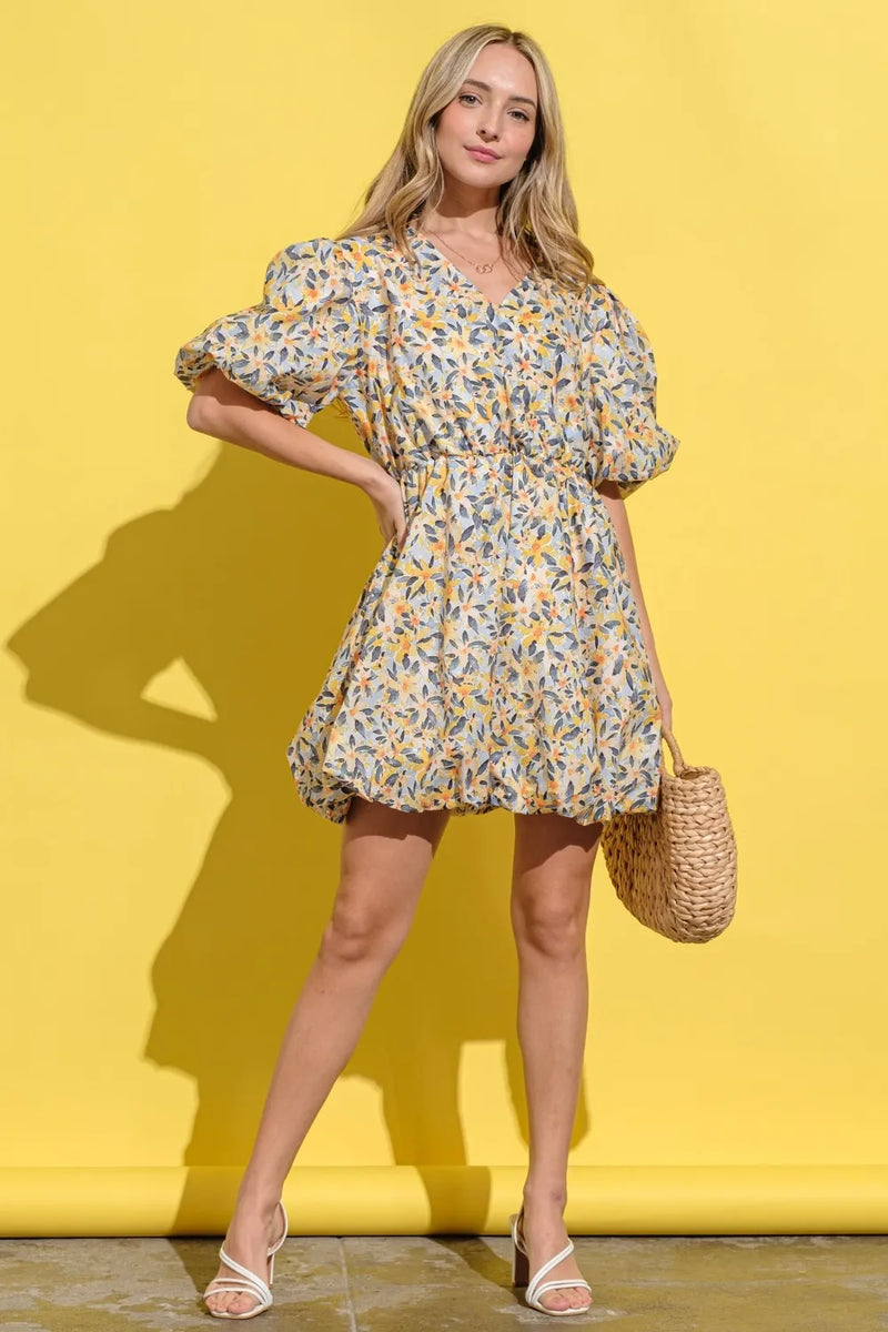 And The Why Full Size Floral Surplice Puff Sleeve Dress - Brittney MADE