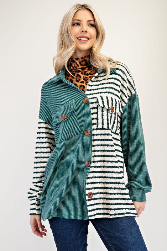 Celeste Full Size Striped Button Up Dropped Shoulder Shacket - Brittney MADE
