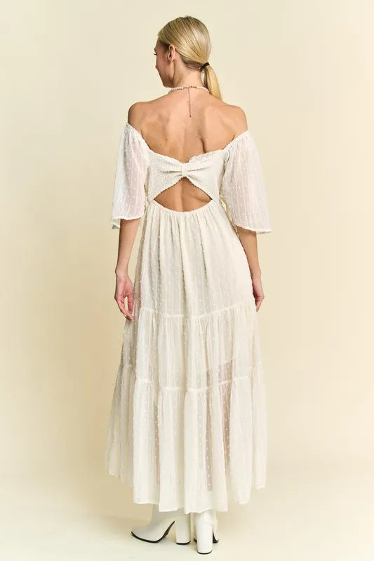 Davi & Dani Swiss Dotted Ruched Ruffle Open Back Midi Dress - Brittney MADE