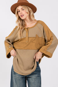 SAGE + FIG Star Applique Patch Exposed Seam Waffle Knit Top - Brittney MADE