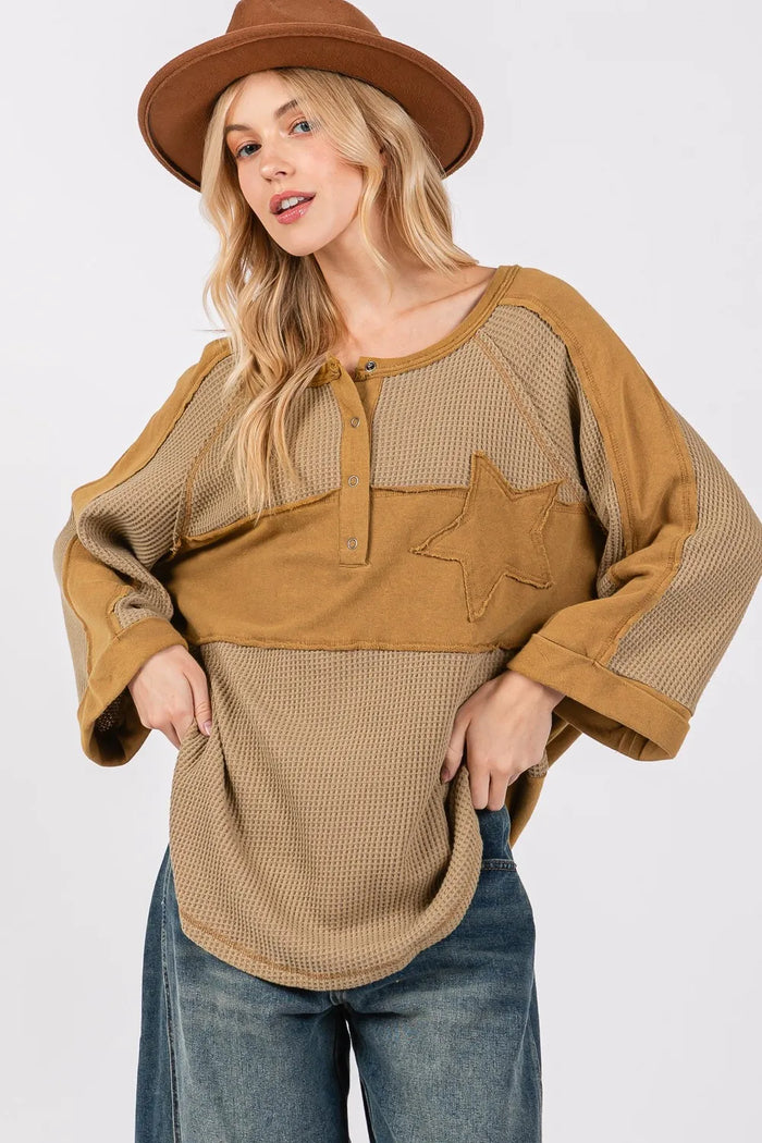 SAGE + FIG Star Applique Patch Exposed Seam Waffle Knit Top - Brittney MADE