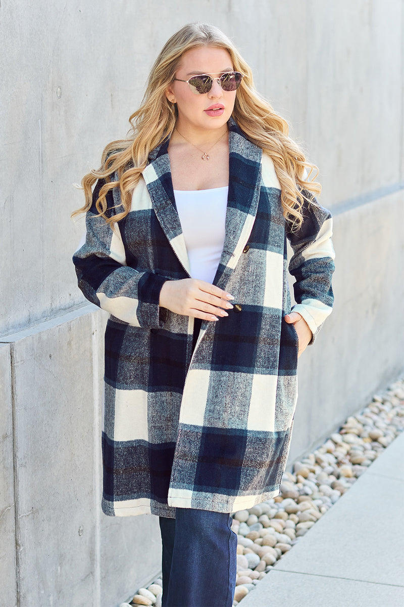 Double Take Full Size Plaid Button Up Lapel Collar Coat - Brittney MADE