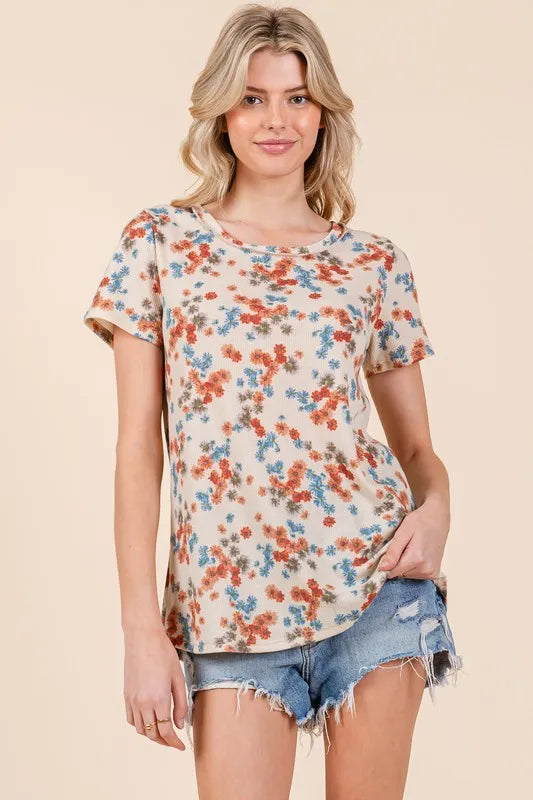 BOMBOM Lightweight Floral Round Neck Short Sleeve T-Shirt - Brittney MADE