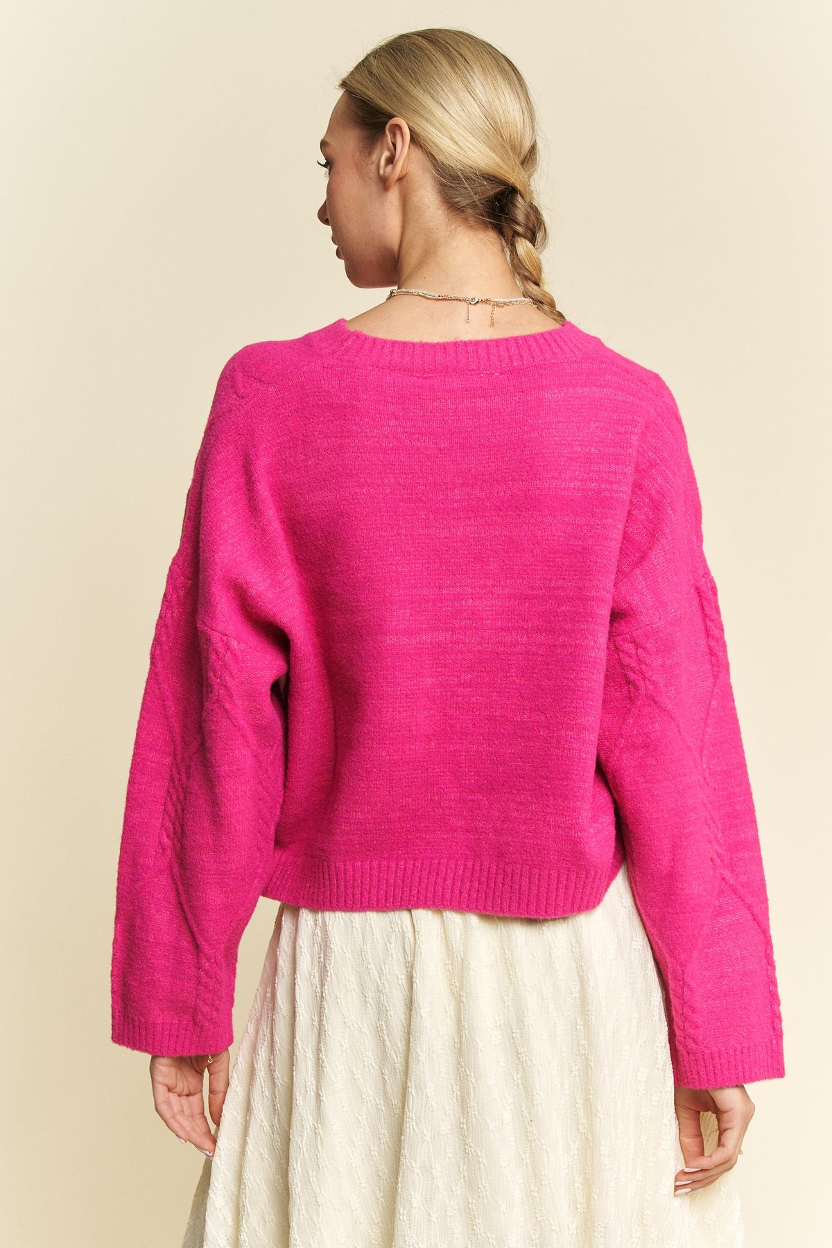 Davi & Dani Diamond Cable Pattern Drop Shoulder Sweater - Brittney MADE