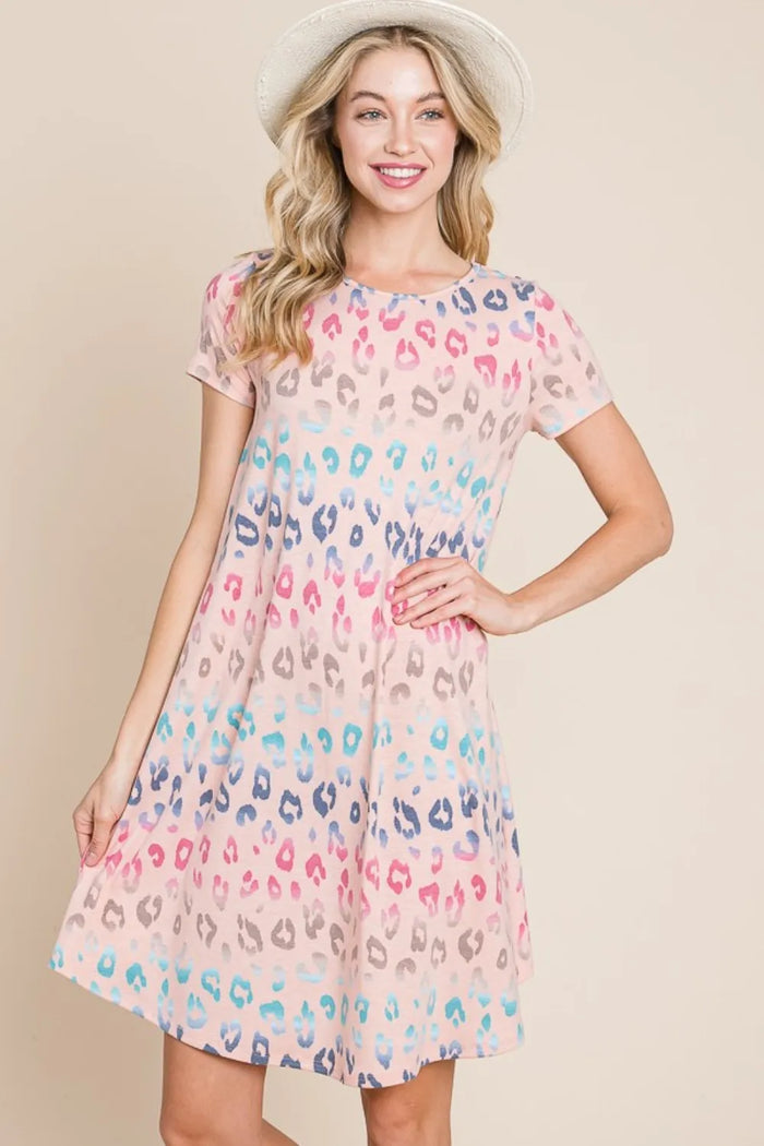 BOMBOM Leopard Round Neck Short Sleeve Dress - Brittney MADE