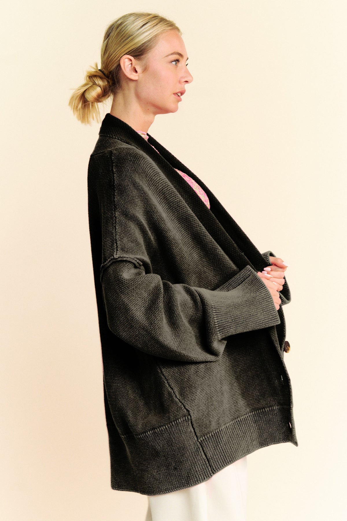 Davi & Dani Shawl Collar Ribbed Detail Button Up Cardigan - Brittney MADE