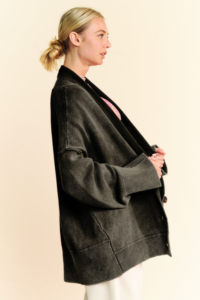 Davi & Dani Shawl Collar Ribbed Detail Button Up Cardigan - Brittney MADE