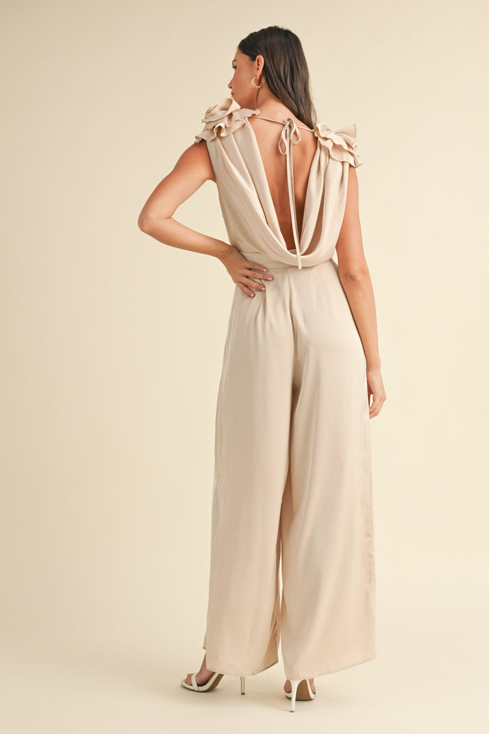 MABLE 3D Floral Applique Deep Cowl Neck Jumpsuit - Brittney MADE