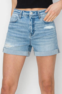 RISEN Distressed Mid-Rise Waist Denim Shorts - Brittney MADE