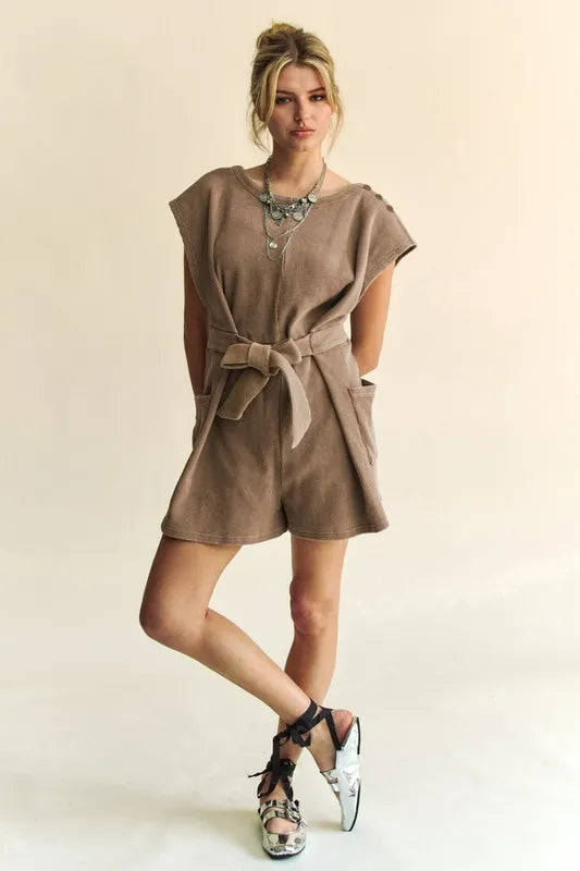 Davi & Dani Acid-Washed Waffle Knit Cuffed Sleeves Romper - Brittney MADE