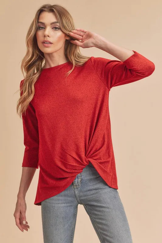 Aemi + Co Twist Front Round Neck 3/4 Sleeve T-Shirt - Brittney MADE