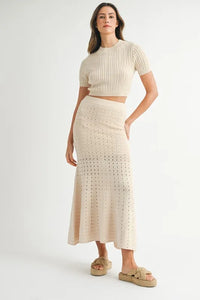 MABLE Pointelle Short Sleeve Crop Top and Slit Skirt Sweater Set - Brittney MADE