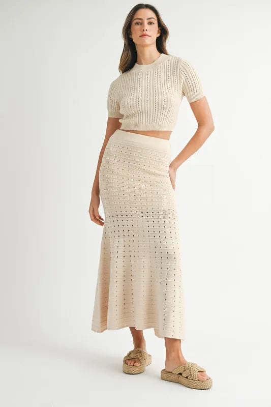 MABLE Pointelle Short Sleeve Crop Top and Slit Skirt Sweater Set - Brittney MADE