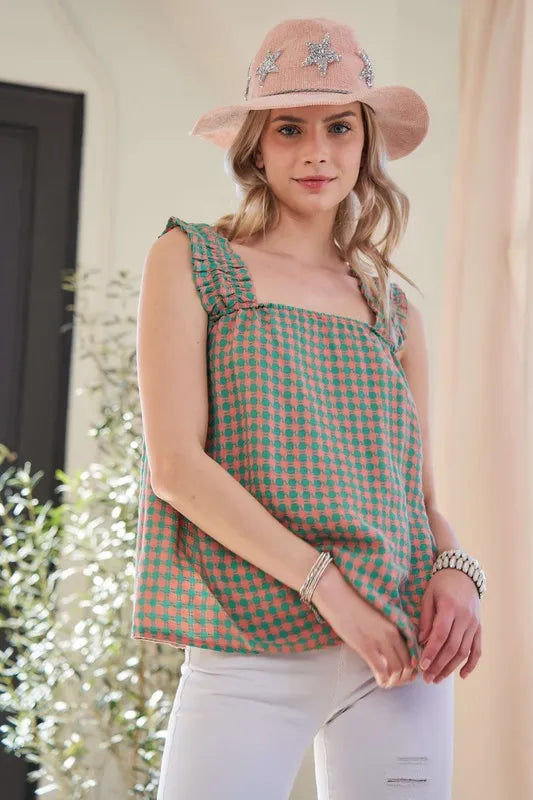 Davi & Dani Lace Fabric Square Neck Shirred Straps Summer Top - Brittney MADE