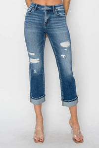RISEN Full Size Cuffed Ankle Distressed Straight Jeans - Brittney MADE