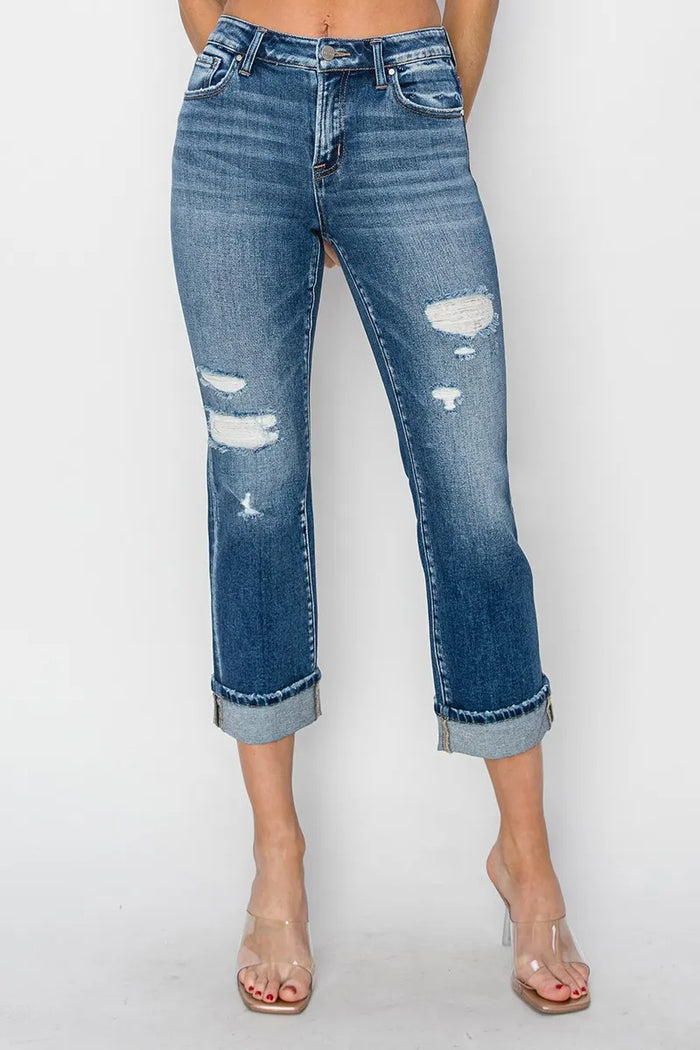 RISEN Full Size Cuffed Ankle Distressed Straight Jeans - Brittney MADE