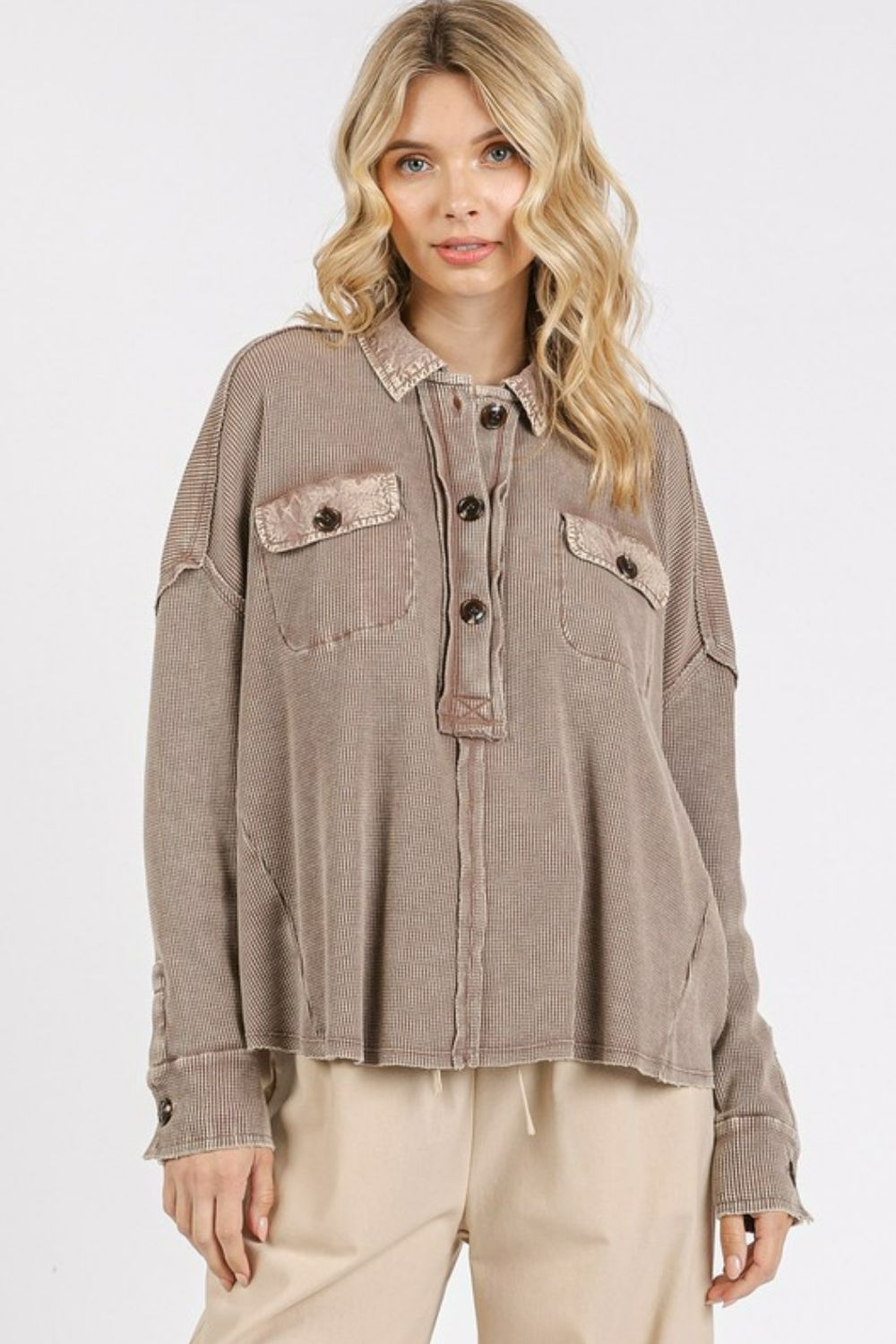 Mittoshop Mineral Wash Waffle Knit Collared Neck Henley Top - Brittney MADE