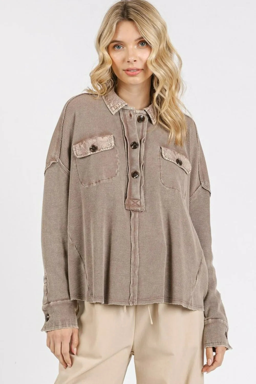 Mittoshop Mineral Wash Waffle Knit Collared Neck Henley Top - Brittney MADE
