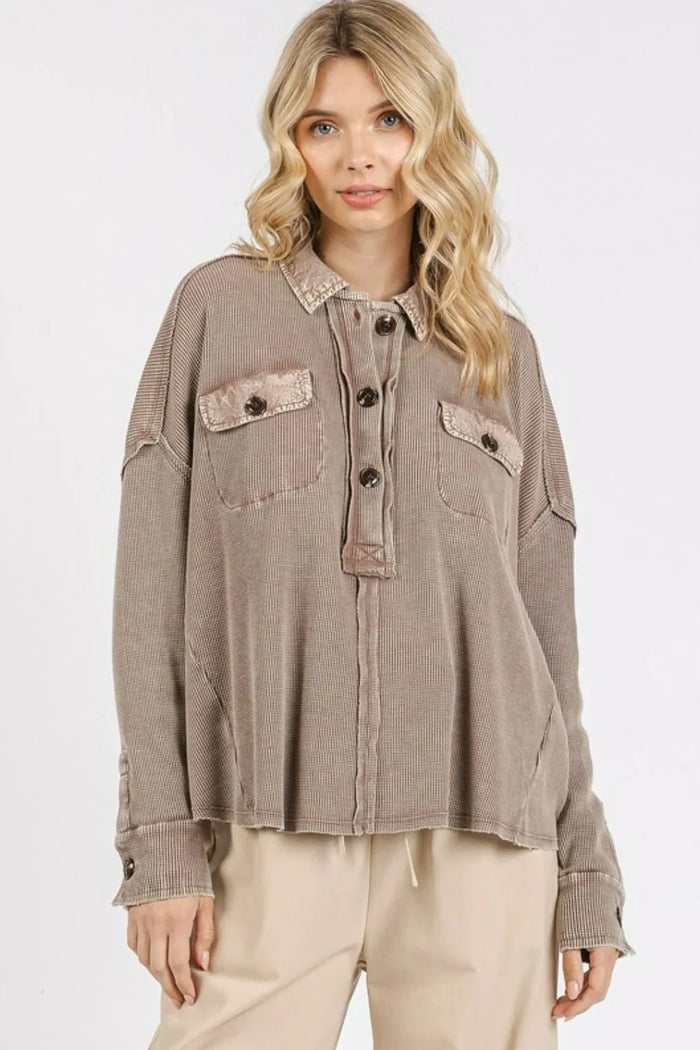 Mittoshop Mineral Wash Waffle Knit Collared Neck Henley Top - Brittney MADE