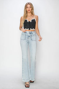 Risen Full Size High Rise Front Patch Pocket Flare Jeans - Brittney MADE