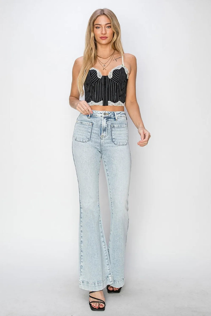 Risen Full Size High Rise Front Patch Pocket Flare Jeans - Brittney MADE