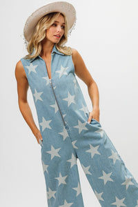 BiBi Star Print Half Zip Sleeveless Denim Jumpsuit - Brittney MADE