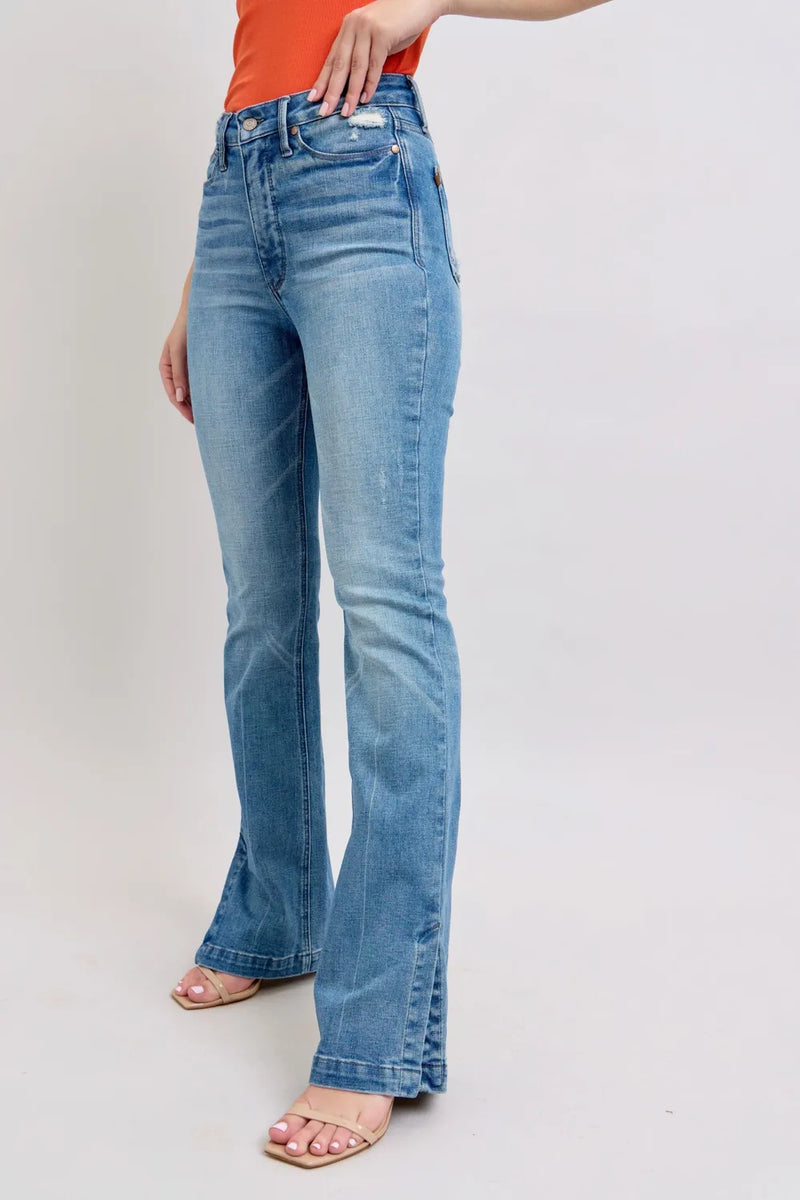 Judy Blue HW Tummy Control Vintage Wash Side Slit Slim Boot Jeans - Brittney MADE