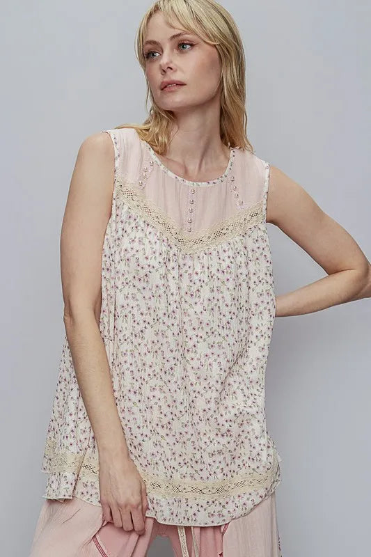 POL Lace Detail Floral Round Neck Sleeveless Top - Brittney MADE