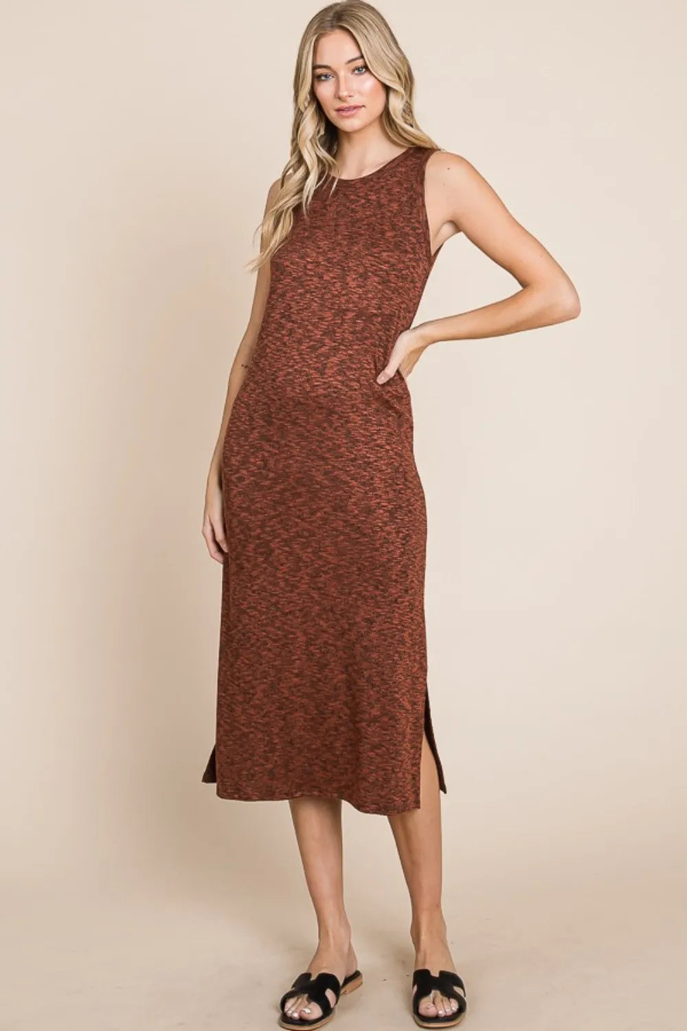 BOMBOM Slit Round Neck Sleeveless Midi Dress - Brittney MADE
