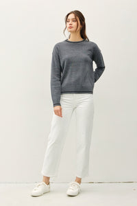 Be Cool Striped Trim Round Neck Long Sleeve Sweater - Brittney MADE