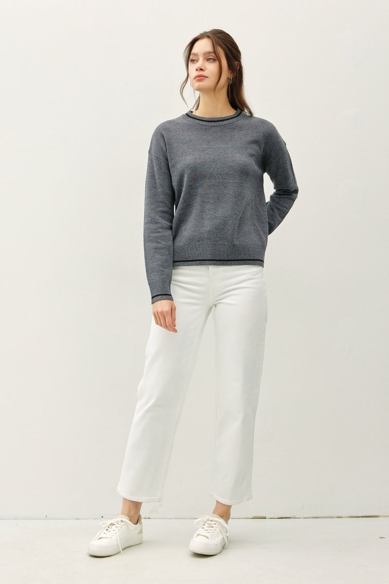 Be Cool Striped Trim Round Neck Long Sleeve Sweater - Brittney MADE