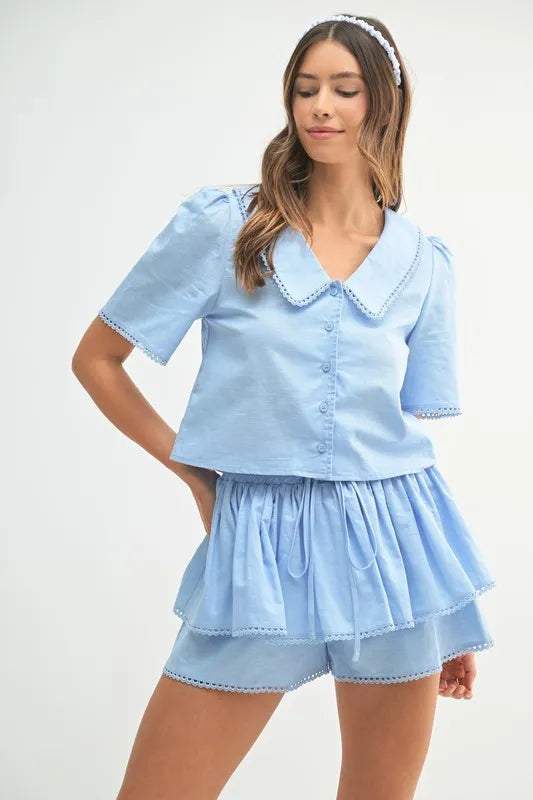 MABLE Collared Button Down Crop Top and Skort Set - Brittney MADE