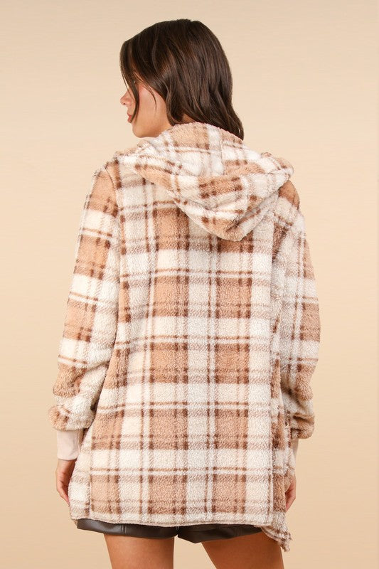 VERY J Fuzzy Plaid Long Sleeve Hooded Jacket - Brittney MADE