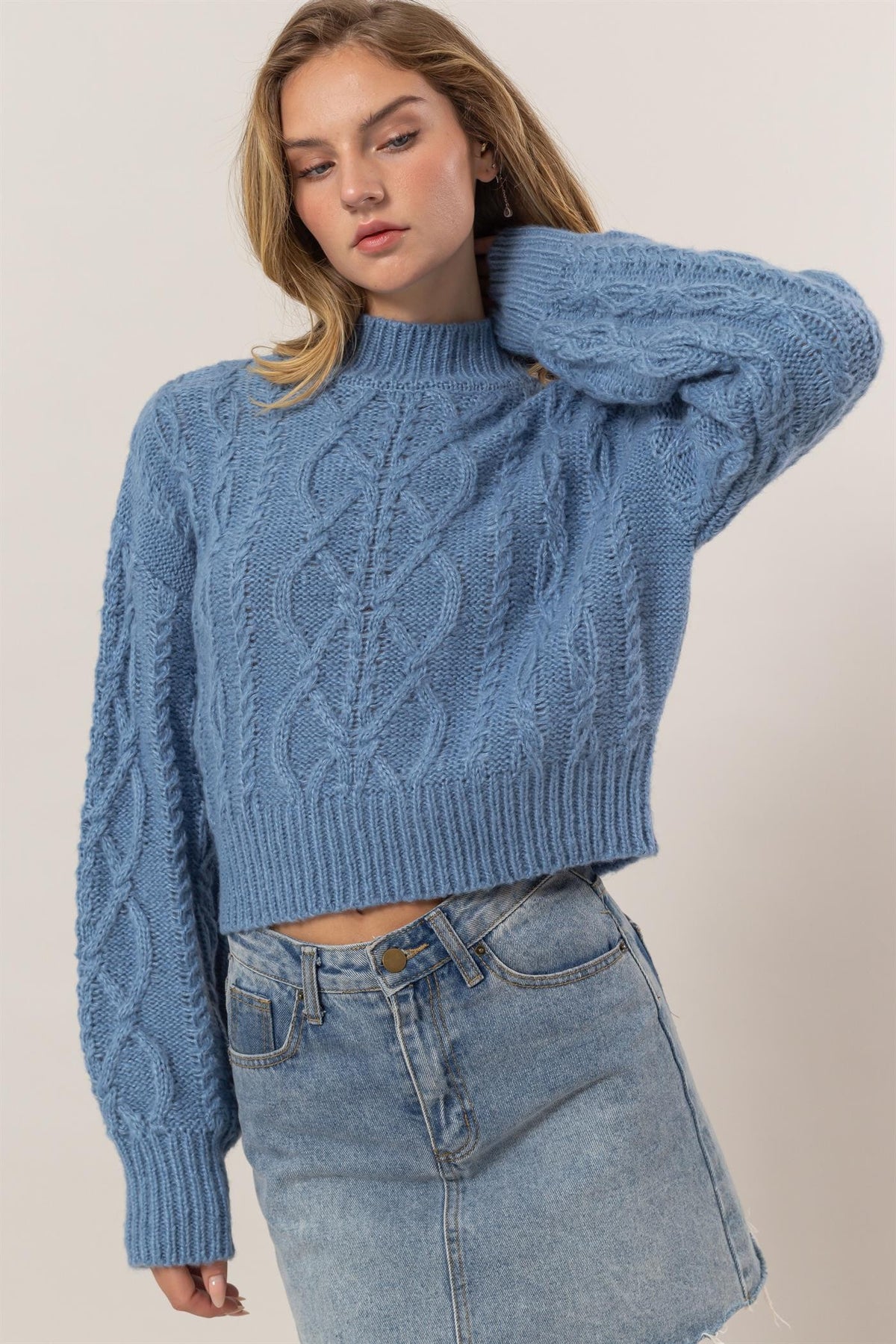 HYFVE Cable-Knit Mock Neck Dropped Shoulder Sweater - Brittney MADE