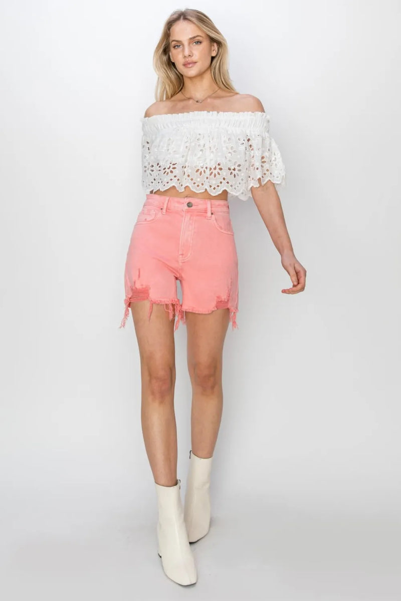 RISEN High Rise Distressed Denim Shorts - Brittney MADE