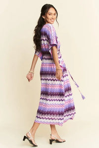 Davi & Dani Multi Color Wavy Tie Waist Flowy Sleeve Dress - Brittney MADE