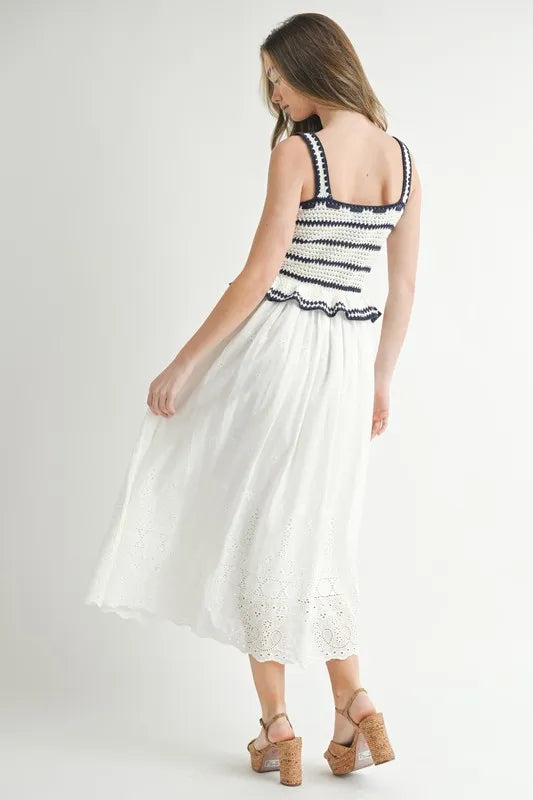 MABLE Crochet Stripe Knit Eyelet Mix Midi Dress - Brittney MADE