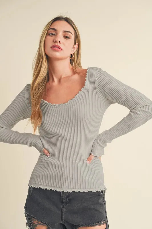 Aemi + Co Lettuce Hem Scoop Neck Long Sleeve Knit Top - Brittney MADE