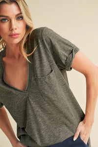 Aemi + Co Side Slit V-Neck Short Rolled Sleeve T-Shirt - Brittney MADE