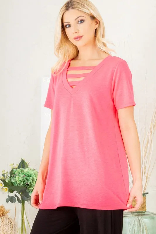 Heimish Full Size V-Neck Short Sleeve T-Shirt with Bar Detail Plus Size - Brittney MADE