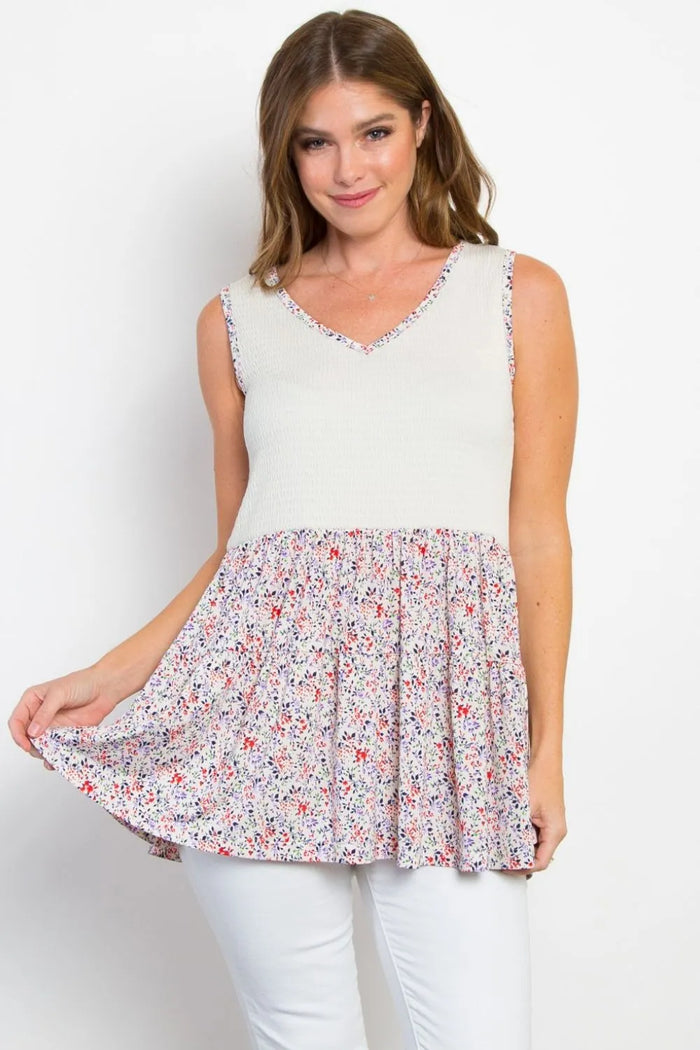 Be Stage Full Size Smocked Printed Peplum Sleeveless Top - Brittney MADE