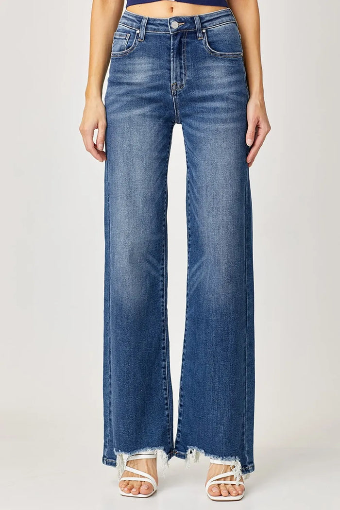 Risen Full Size High Rise Frayed Hem Wide Leg Jeans - Brittney MADE