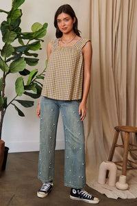 Davi & Dani Printed Square Neck Shirred Straps Top - Brittney MADE