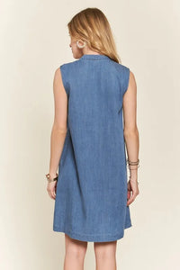 ADORA Notched Sleeveless Denim Dress with Pockets - Brittney MADE