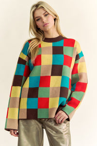 Davi & Dani Color Block Checkered Dropped Shoulder Sweater - Brittney MADE