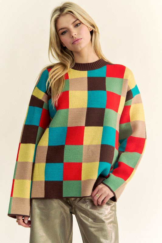 Davi & Dani Color Block Checkered Dropped Shoulder Sweater - Brittney MADE