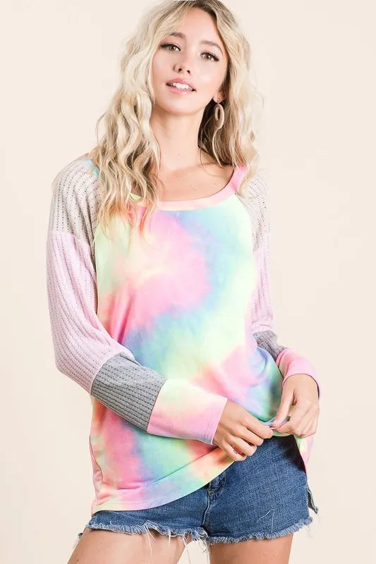BiBi Tie Dye Terry Top with Color Block Pointelle Knit - Brittney MADE