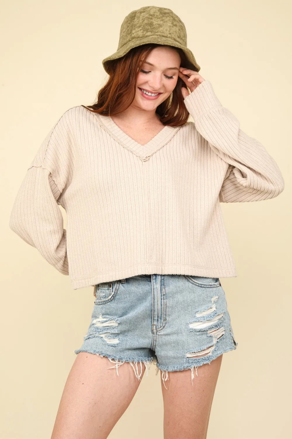 VERY J Exposed Seam V-Neck Ribbed Knit Top - Brittney MADE